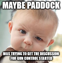 Skeptical Baby Meme | MAYBE PADDOCK WAS TRYING TO GET THE DISCUSSION FOR GUN CONTROL STARTED | image tagged in memes,skeptical baby | made w/ Imgflip meme maker