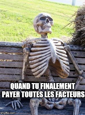 Waiting Skeleton | QUAND TU FINALEMENT PAYER TOUTES LES FACTEURS | image tagged in memes,waiting skeleton | made w/ Imgflip meme maker