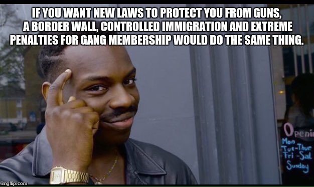 Roll Safe Think About It Meme | IF YOU WANT NEW LAWS TO PROTECT YOU FROM GUNS, A BORDER WALL, CONTROLLED IMMIGRATION AND EXTREME PENALTIES FOR GANG MEMBERSHIP WOULD DO THE SAME THING. | image tagged in thinking black guy | made w/ Imgflip meme maker