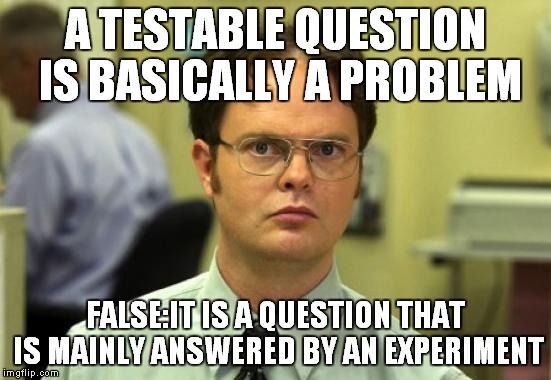 Dwight Schrute Meme | A TESTABLE QUESTION IS BASICALLY A PROBLEM; FALSE:IT IS A QUESTION THAT IS MAINLY ANSWERED BY AN EXPERIMENT | image tagged in memes,dwight schrute | made w/ Imgflip meme maker