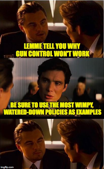 Inception | LEMME TELL YOU WHY GUN CONTROL WON'T WORK; BE SURE TO USE THE MOST WIMPY, WATERED-DOWN POLICIES AS EXAMPLES | image tagged in memes,inception | made w/ Imgflip meme maker