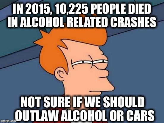 Those in favor of gun control may want to think about this: | IN 2015, 10,225 PEOPLE DIED IN ALCOHOL RELATED CRASHES; NOT SURE IF WE SHOULD  OUTLAW ALCOHOL OR CARS | image tagged in memes,futurama fry | made w/ Imgflip meme maker
