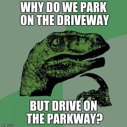 Philosoraptor | WHY DO WE PARK ON THE DRIVEWAY; BUT DRIVE ON THE PARKWAY? | image tagged in memes,philosoraptor | made w/ Imgflip meme maker