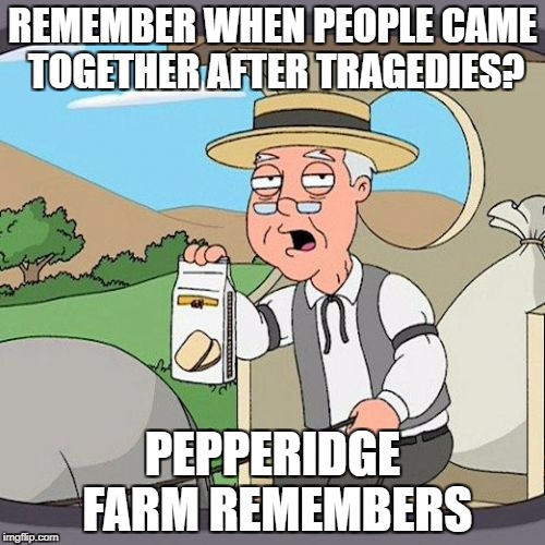 Pepperidge Farm Remembers Meme | REMEMBER WHEN PEOPLE CAME TOGETHER AFTER TRAGEDIES? PEPPERIDGE FARM REMEMBERS | image tagged in memes,pepperidge farm remembers,AdviceAnimals | made w/ Imgflip meme maker