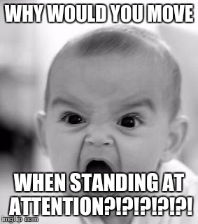 Angry Baby Meme | WHY WOULD YOU MOVE; WHEN STANDING AT ATTENTION?!?!?!?!?! | image tagged in memes,angry baby | made w/ Imgflip meme maker