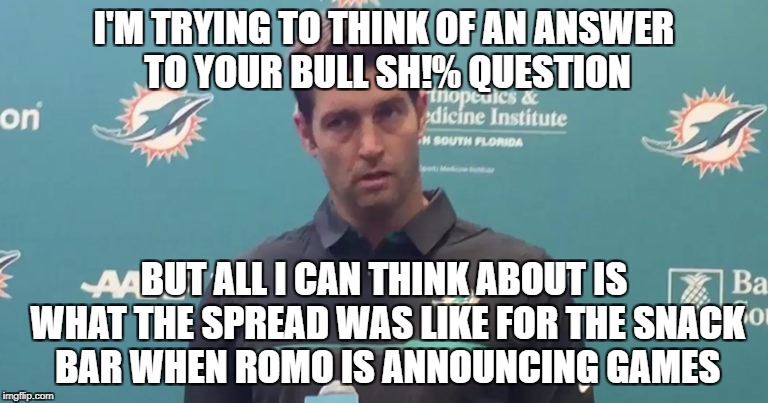 Cutler Sad Dolphin | I'M TRYING TO THINK OF AN ANSWER TO YOUR BULL SH!% QUESTION; BUT ALL I CAN THINK ABOUT IS WHAT THE SPREAD WAS LIKE FOR THE SNACK BAR WHEN ROMO IS ANNOUNCING GAMES | image tagged in jay cutler sad,jay cutler funny,nfl memes,fantasy football,funny memes,tony romo | made w/ Imgflip meme maker