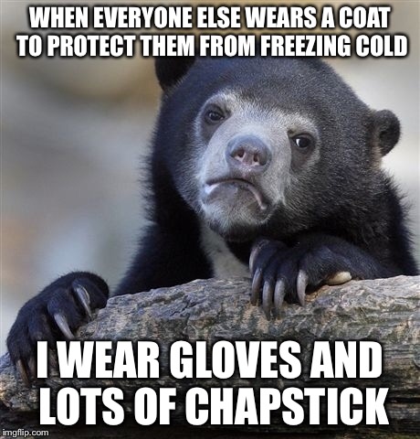 Confession Bear Meme | WHEN EVERYONE ELSE WEARS A COAT TO PROTECT THEM FROM FREEZING COLD I WEAR GLOVES AND LOTS OF CHAPSTICK | image tagged in memes,confession bear | made w/ Imgflip meme maker