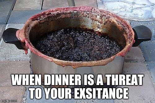 Burned food | WHEN DINNER IS A THREAT TO YOUR EXSITANCE | image tagged in burned food | made w/ Imgflip meme maker