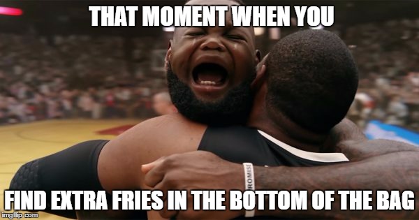 THAT MOMENT WHEN YOU; FIND EXTRA FRIES IN THE BOTTOM OF THE BAG | image tagged in lebron james | made w/ Imgflip meme maker