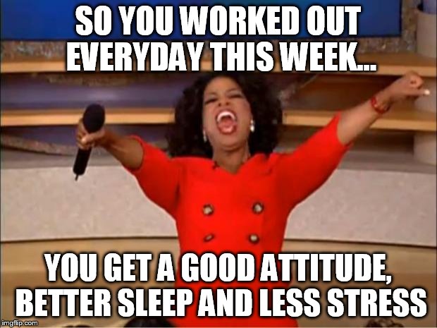 Oprah You Get A Meme | SO YOU WORKED OUT EVERYDAY THIS WEEK... YOU GET A GOOD ATTITUDE, BETTER SLEEP AND LESS STRESS | image tagged in memes,oprah you get a | made w/ Imgflip meme maker