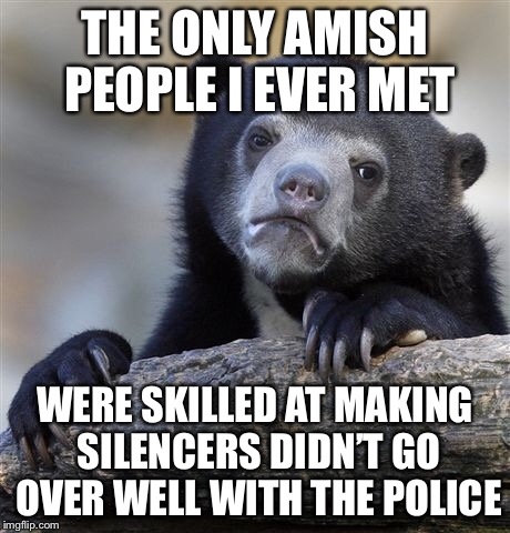 Confession Bear Meme | THE ONLY AMISH PEOPLE I EVER MET WERE SKILLED AT MAKING SILENCERS DIDN’T GO OVER WELL WITH THE POLICE | image tagged in memes,confession bear | made w/ Imgflip meme maker