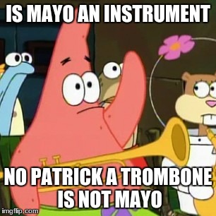 No Patrick Meme | IS MAYO AN INSTRUMENT; NO PATRICK A TROMBONE IS NOT MAYO | image tagged in memes,no patrick | made w/ Imgflip meme maker