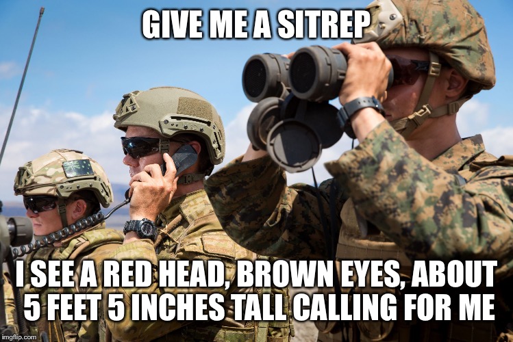 Gorgeous red head  | GIVE ME A SITREP; I SEE A RED HEAD, BROWN EYES, ABOUT 5 FEET 5 INCHES TALL CALLING FOR ME | image tagged in usmc australian army soldiers radio binoculars lookout,red head,sitrep | made w/ Imgflip meme maker