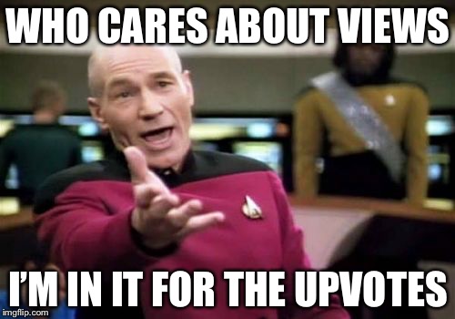 Picard Wtf Meme | WHO CARES ABOUT VIEWS I’M IN IT FOR THE UPVOTES | image tagged in memes,picard wtf | made w/ Imgflip meme maker