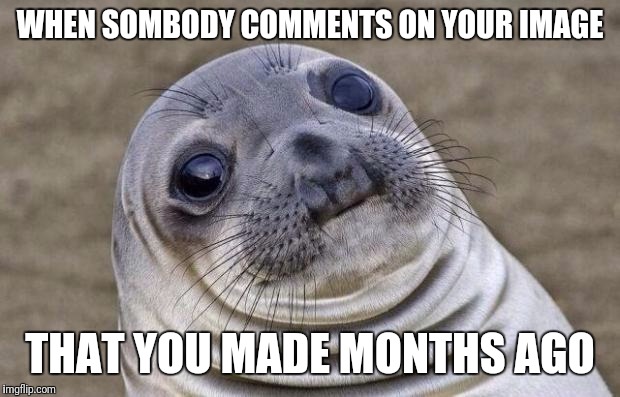 Awkward Moment Sealion | WHEN SOMBODY COMMENTS ON YOUR IMAGE; THAT YOU MADE MONTHS AGO | image tagged in memes,awkward moment sealion | made w/ Imgflip meme maker