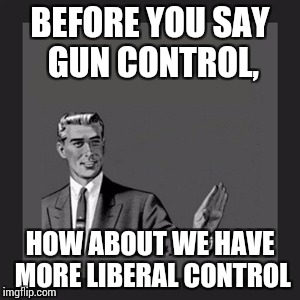 Kill Yourself Guy Meme | BEFORE YOU SAY GUN CONTROL, HOW ABOUT WE HAVE MORE LIBERAL CONTROL | image tagged in memes,kill yourself guy | made w/ Imgflip meme maker