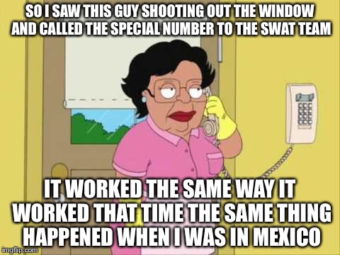 Consuela Meme | SO I SAW THIS GUY SHOOTING OUT THE WINDOW AND CALLED THE SPECIAL NUMBER TO THE SWAT TEAM; IT WORKED THE SAME WAY IT WORKED THAT TIME THE SAME THING HAPPENED WHEN I WAS IN MEXICO | image tagged in family guy maid on phone | made w/ Imgflip meme maker