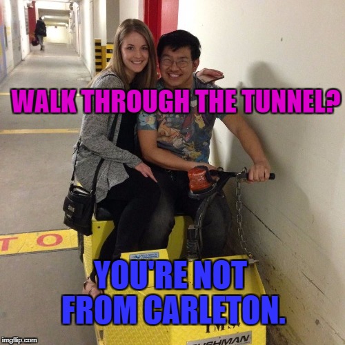 walking through Carleton tunnels | WALK THROUGH THE TUNNEL? YOU'RE NOT FROM CARLETON. | image tagged in carleton,university,tunnels | made w/ Imgflip meme maker