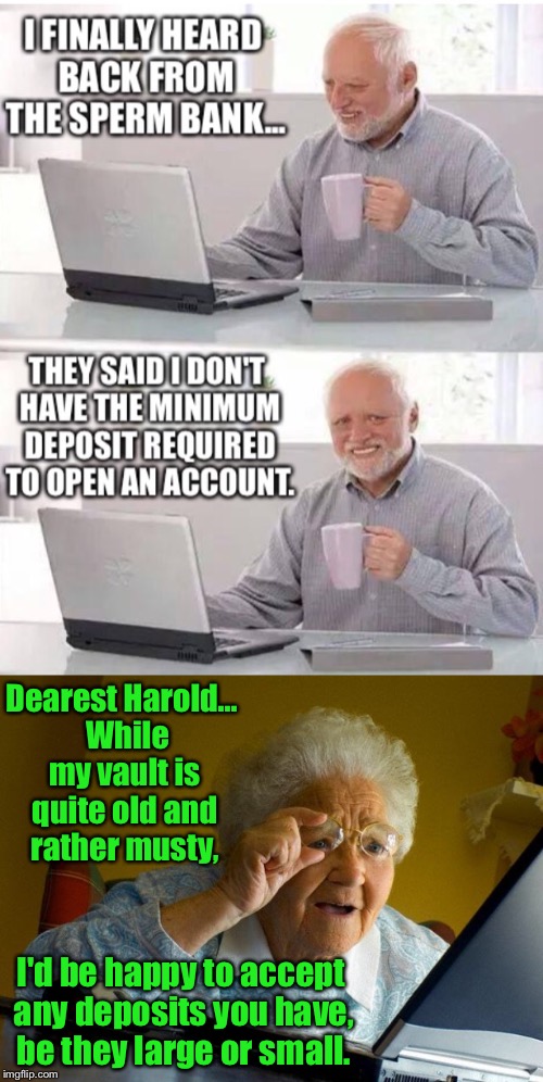 Meme Wars - A Pipe_Picasso And Raveniscool27 Event - Sub 5 | Dearest Harold... 
While my vault is quite old and rather musty, I'd be happy to accept any deposits you have, be they large or small. | image tagged in meme war,hide the pain harold,grandma finds the internet,bank | made w/ Imgflip meme maker