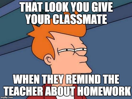 Futurama Fry | THAT LOOK YOU GIVE YOUR CLASSMATE; WHEN THEY REMIND THE TEACHER ABOUT HOMEWORK | image tagged in memes,futurama fry | made w/ Imgflip meme maker