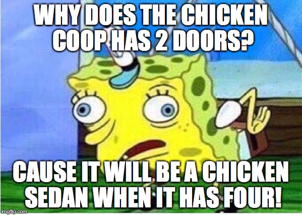 Mocking Spongebob Meme | WHY DOES THE CHICKEN COOP HAS 2 DOORS? CAUSE IT WILL BE A CHICKEN SEDAN WHEN IT HAS FOUR! | image tagged in spongebob chicken | made w/ Imgflip meme maker