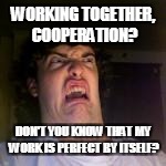 WORKING TOGETHER, COOPERATION? DON'T YOU KNOW THAT MY WORK IS PERFECT BY ITSELF? | made w/ Imgflip meme maker