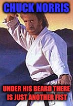 Chuck norris | CHUCK NORRIS; UNDER HIS BEARD THERE IS JUST ANOTHER FIST | image tagged in chuck norris,beard,fist,chad- | made w/ Imgflip meme maker