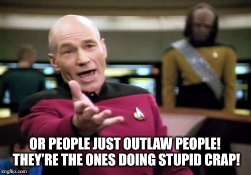 Picard Wtf Meme | OR PEOPLE JUST OUTLAW PEOPLE! THEY’RE THE ONES DOING STUPID CRAP! | image tagged in memes,picard wtf | made w/ Imgflip meme maker