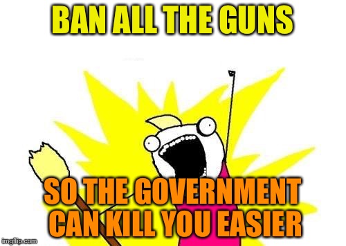 X All The Y Meme | BAN ALL THE GUNS; SO THE GOVERNMENT CAN KILL YOU EASIER | image tagged in memes,x all the y | made w/ Imgflip meme maker