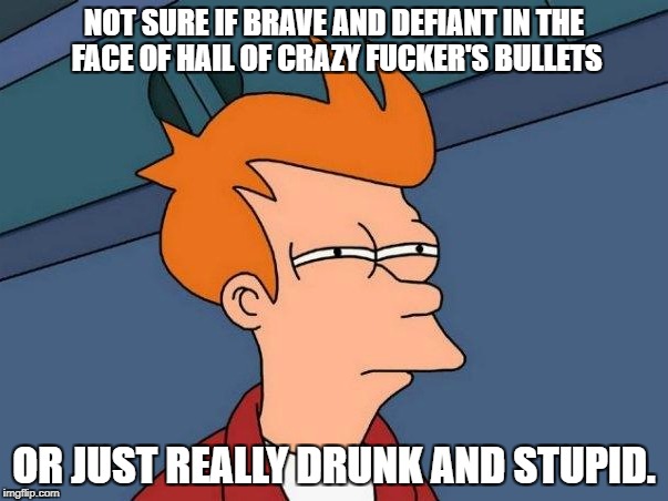 NOT SURE IF BRAVE AND DEFIANT IN THE FACE OF HAIL OF CRAZY FUCKER'S BULLETS; OR JUST REALLY DRUNK AND STUPID. | made w/ Imgflip meme maker