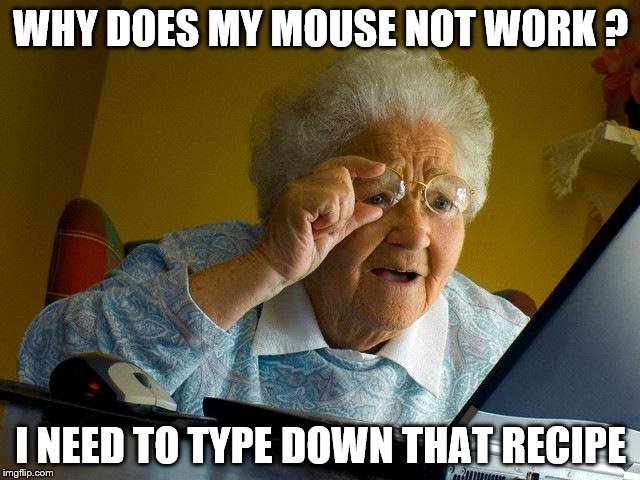 Grandma Finds The Internet | WHY DOES MY MOUSE NOT WORK ? I NEED TO TYPE DOWN THAT RECIPE | image tagged in memes,grandma finds the internet | made w/ Imgflip meme maker