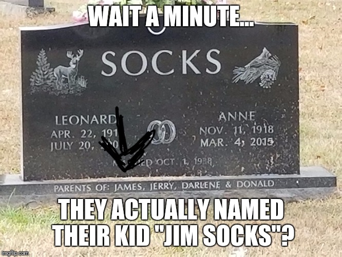 I've known some parents who named their kids Chance Breeding and Chase Horney, too. | WAIT A MINUTE... THEY ACTUALLY NAMED THEIR KID "JIM SOCKS"? | image tagged in memes,funny names | made w/ Imgflip meme maker