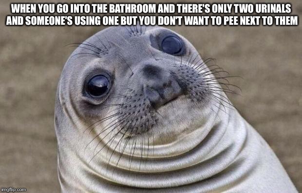 Awkward Moment Sealion | WHEN YOU GO INTO THE BATHROOM AND THERE'S ONLY TWO URINALS AND SOMEONE'S USING ONE BUT YOU DON'T WANT TO PEE NEXT TO THEM | image tagged in memes,awkward moment sealion | made w/ Imgflip meme maker