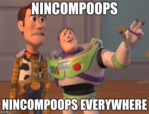 X, X Everywhere Meme | NINCOMPOOPS; NINCOMPOOPS EVERYWHERE | image tagged in memes,x x everywhere | made w/ Imgflip meme maker