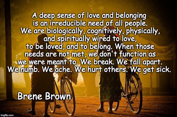 love and belonging | A deep sense of love and belonging is an irreducible need of all people. We are biologically, cognitively, physically, and spiritually wired to love, to be loved, and to belong. When those needs are not met, we don't function as we were meant to. We break. We fall apart. We numb. We ache. We hurt others. We get sick. Brene Brown | image tagged in love,belonging,brene brown | made w/ Imgflip meme maker