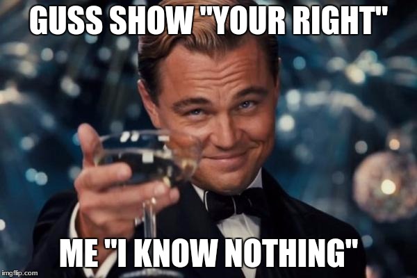 Leonardo Dicaprio Cheers Meme | GUSS SHOW "YOUR RIGHT"; ME "I KNOW NOTHING" | image tagged in memes,leonardo dicaprio cheers | made w/ Imgflip meme maker