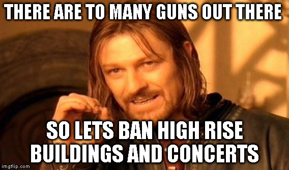 One Does Not Simply Meme | THERE ARE TO MANY GUNS OUT THERE; SO LETS BAN HIGH RISE BUILDINGS AND CONCERTS | image tagged in memes,one does not simply | made w/ Imgflip meme maker