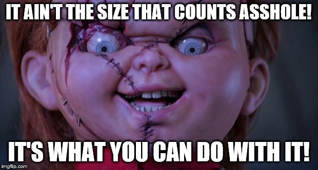 Bride of Chucky | IT AIN'T THE SIZE THAT COUNTS ASSHOLE! IT'S WHAT YOU CAN DO WITH IT! | image tagged in chucky | made w/ Imgflip meme maker