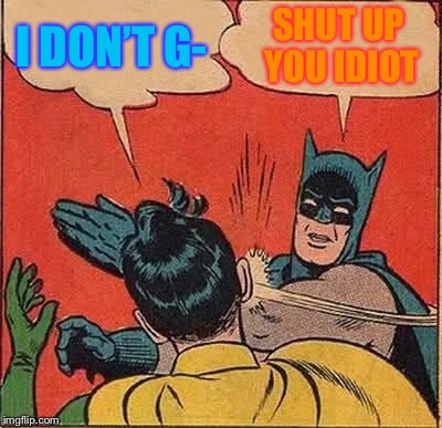 Batman Slapping Robin Meme | I DON’T G- SHUT UP YOU IDIOT | image tagged in memes,batman slapping robin | made w/ Imgflip meme maker