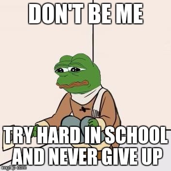 Pepe maths | DON'T BE ME; TRY HARD IN SCHOOL AND NEVER GIVE UP | image tagged in pepe maths | made w/ Imgflip meme maker