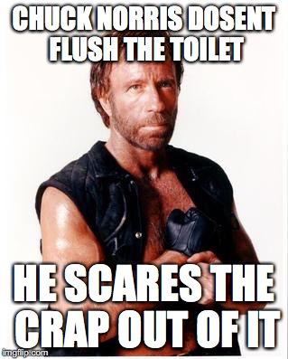 Chuck Norris Flex | CHUCK NORRIS DOSENT FLUSH THE TOILET; HE SCARES THE CRAP OUT OF IT | image tagged in memes,chuck norris flex,chuck norris | made w/ Imgflip meme maker