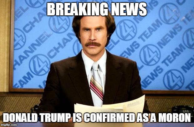 BREAKING NEWS | BREAKING NEWS; DONALD TRUMP IS CONFIRMED AS A MORON | image tagged in breaking news | made w/ Imgflip meme maker