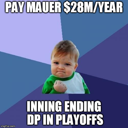 Success Kid Meme | PAY MAUER $28M/YEAR; INNING ENDING DP IN PLAYOFFS | image tagged in memes,success kid | made w/ Imgflip meme maker