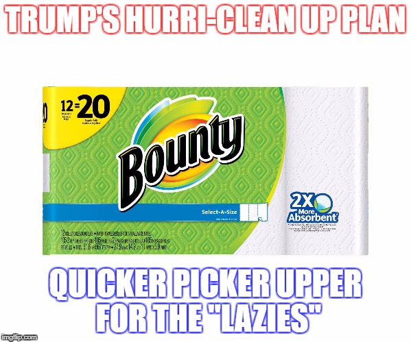 TRUMP'S HURRI-CLEAN UP PLAN; QUICKER PICKER UPPER FOR THE "LAZIES" | image tagged in hurriclean | made w/ Imgflip meme maker