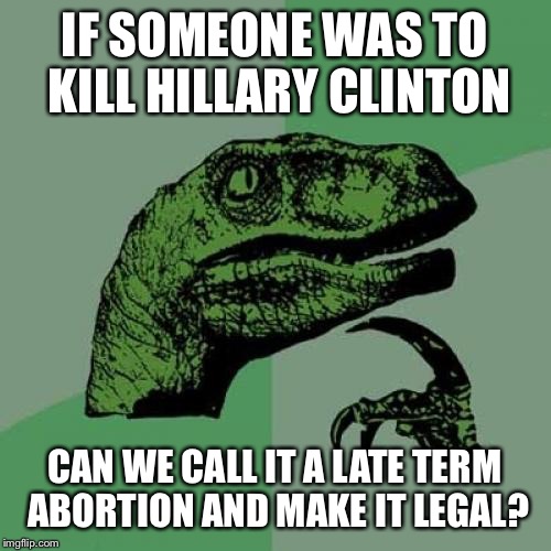 Philosoraptor Meme | IF SOMEONE WAS TO KILL HILLARY CLINTON; CAN WE CALL IT A LATE TERM ABORTION AND MAKE IT LEGAL? | image tagged in memes,philosoraptor | made w/ Imgflip meme maker