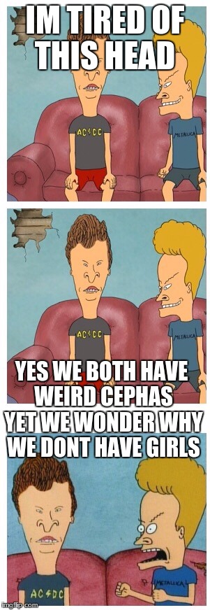 Beavis and Butthead | IM TIRED OF THIS HEAD; YES WE BOTH HAVE WEIRD CEPHAS YET WE WONDER WHY WE DONT HAVE GIRLS | image tagged in beavis and butthead | made w/ Imgflip meme maker