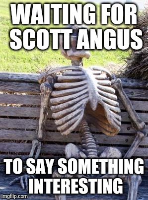 Waiting Skeleton Meme |  WAITING FOR SCOTT ANGUS; TO SAY SOMETHING INTERESTING | image tagged in memes,waiting skeleton | made w/ Imgflip meme maker