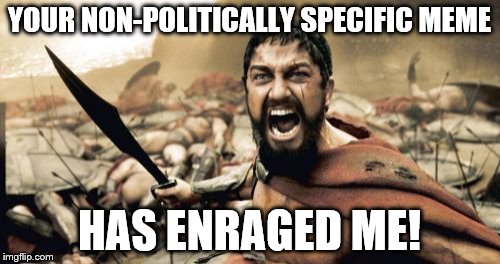 Sparta Leonidas Meme | YOUR NON-POLITICALLY SPECIFIC MEME HAS ENRAGED ME! | image tagged in memes,sparta leonidas | made w/ Imgflip meme maker