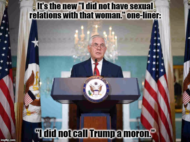 Fake News  | It's the new "I did not have sexual relations with that woman." one-liner:; "I did not call Trump a moron." | image tagged in rex tillerson,donald trump,resist,trump is a moron,fake news | made w/ Imgflip meme maker