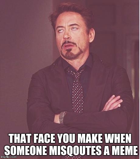 Face You Make Robert Downey Jr Meme | THAT FACE YOU MAKE WHEN SOMEONE MISQOUTES A MEME | image tagged in memes,face you make robert downey jr | made w/ Imgflip meme maker